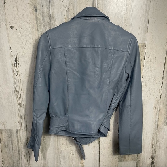 All Saints Moto Biker Zippered Belted 100% Lamb Leather Jacket size 0 Blue Gray - Picture 6 of 11